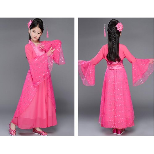 Kids princess girls china ancient classical dancing dresses for girls pink red yellow blue photos anime fairy anime cosplay kimono costumes